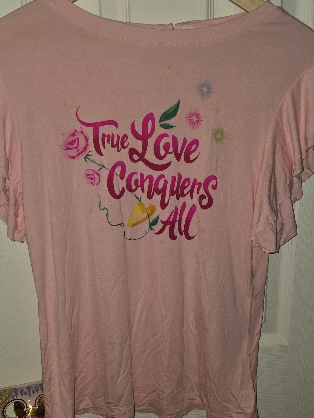 Disney Sleeping Beauty Pink Graphic Tee "True Love Conquers All" Worn Once